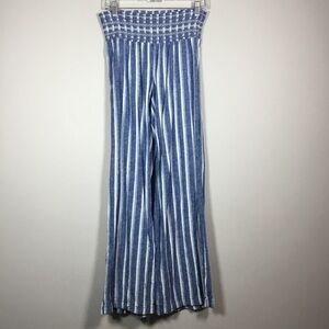 Wide leg linen blend blue white striped pants smocked waist boho hippie sz M